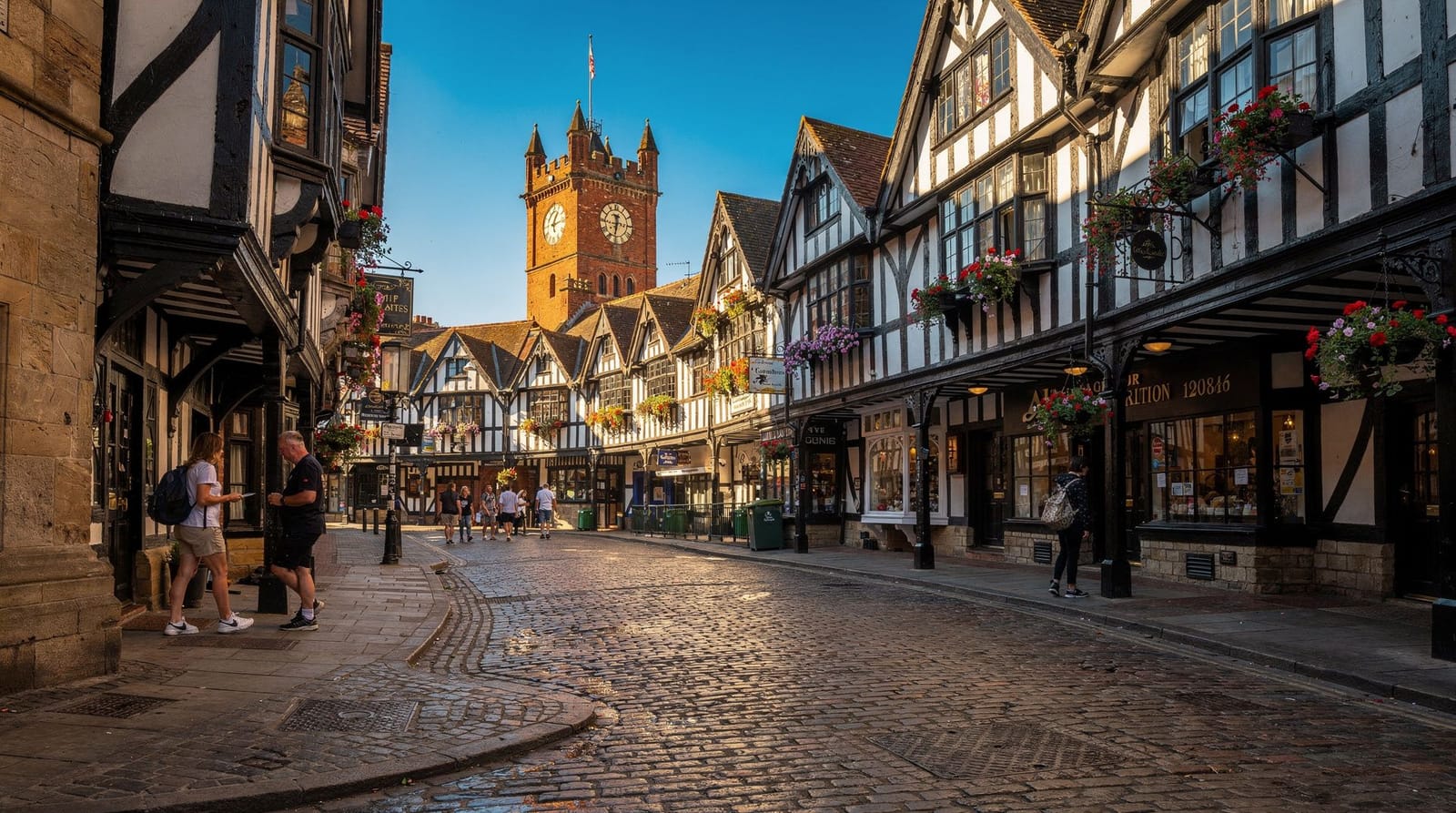 Chester's medieval Rows and Roman city walls at golden hour